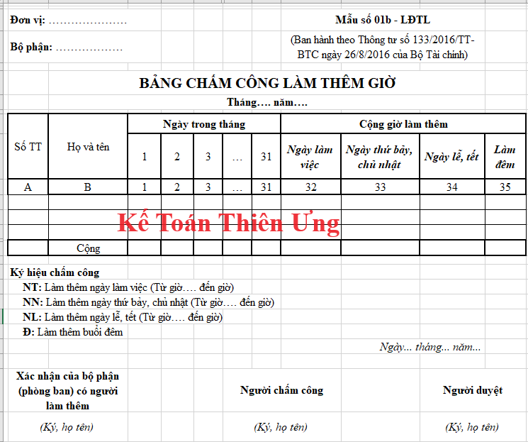 Mẫu bảng chấm công làm thêm giờ trên excel theo thông tư 133 Mẫu bảng chấm công làm thêm giờ trên excel theo thông tư 133