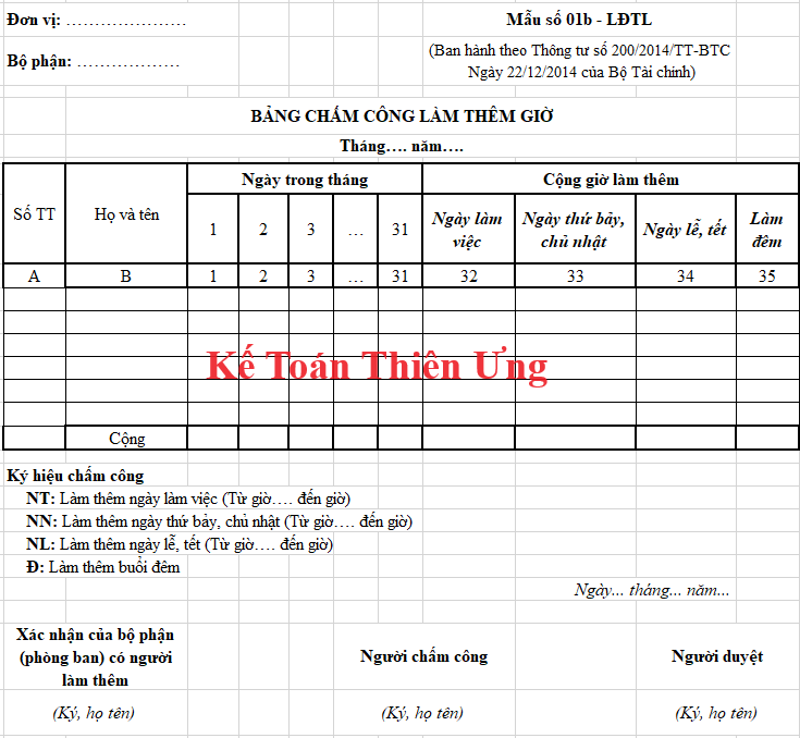 Mẫu bảng chấm công làm thêm giờ trên excel theo thông tư 200 Mẫu bảng chấm công làm thêm giờ trên excel theo thông tư 200