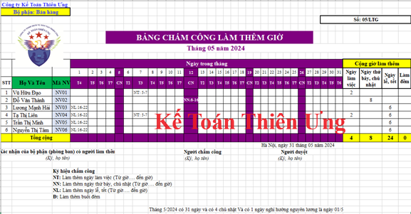 Mẫu bảng chấm công làm thêm giờ trên excel Mẫu bảng chấm công làm thêm giờ trên excel