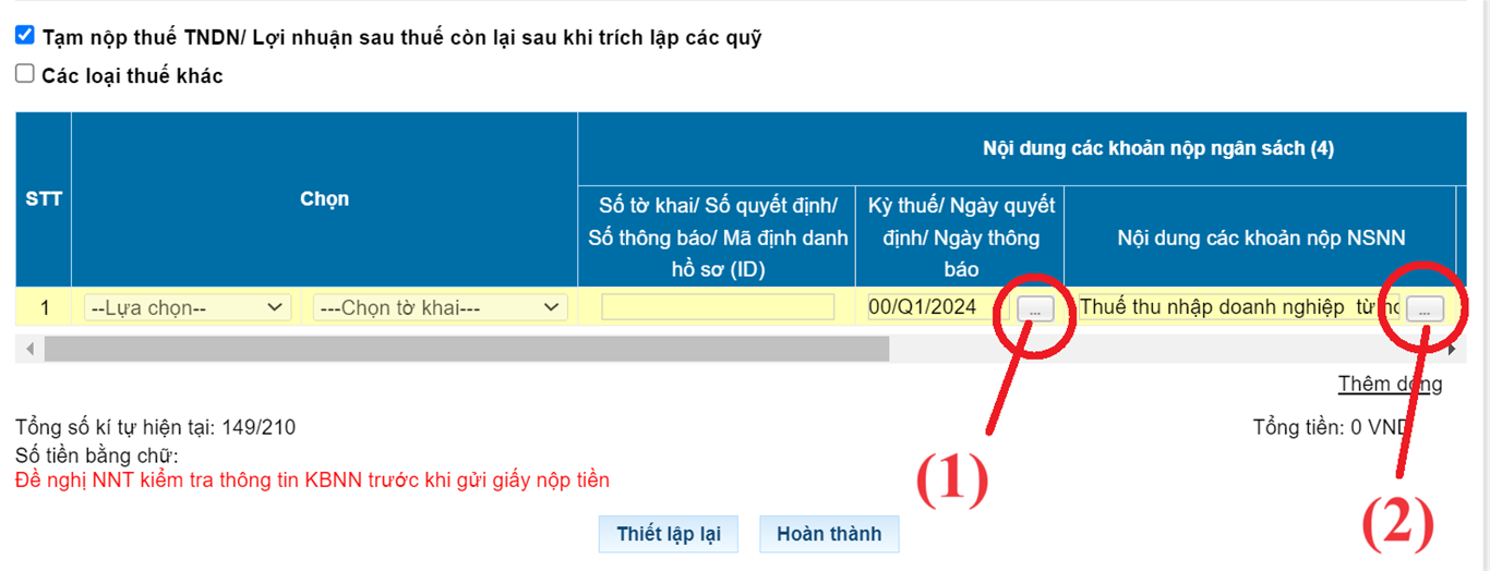 Chọn nội dung nộp thuế TNDN tạm tính quý Chọn nội dung nộp thuế TNDN tạm tính quý