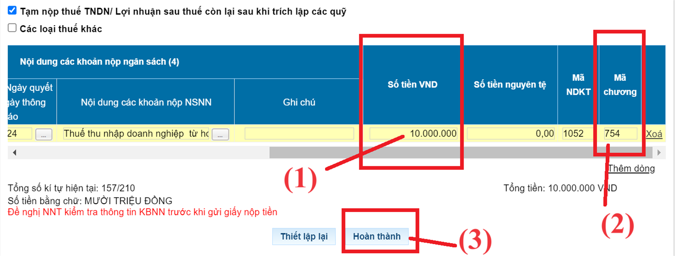 Nhập số tiền thuế TNDN muốn nộp Nhập số tiền thuế TNDN muốn nộp